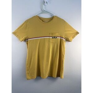 VTG GAP T-Shirt Mens Small Yellow Stripe Logo Pocket 100% Cotton Short Sleeve